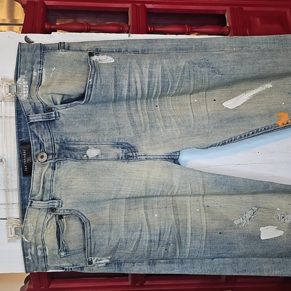 Serenede Mens Stretch Skinny Distressed Paint Splatter Light Wash Denim Jeans 34 - Picture 3 of 9